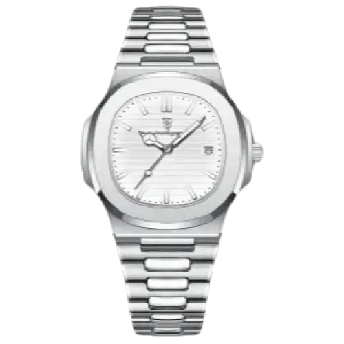 Une montre-bracelet élégante en acier inoxydable de couleur argentée avec un cadran blanc et un affichage de la date.