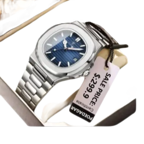 Une montre-bracelet pour homme en acier inoxydable de couleur argentée, avec un cadran bleu, un affichage de la date et une étiquette de prix de vente attachée.