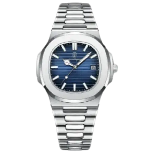 Montre en acier inoxydable avec cadran bleu nervuré, date à guichet, aiguilles et index lumineux.