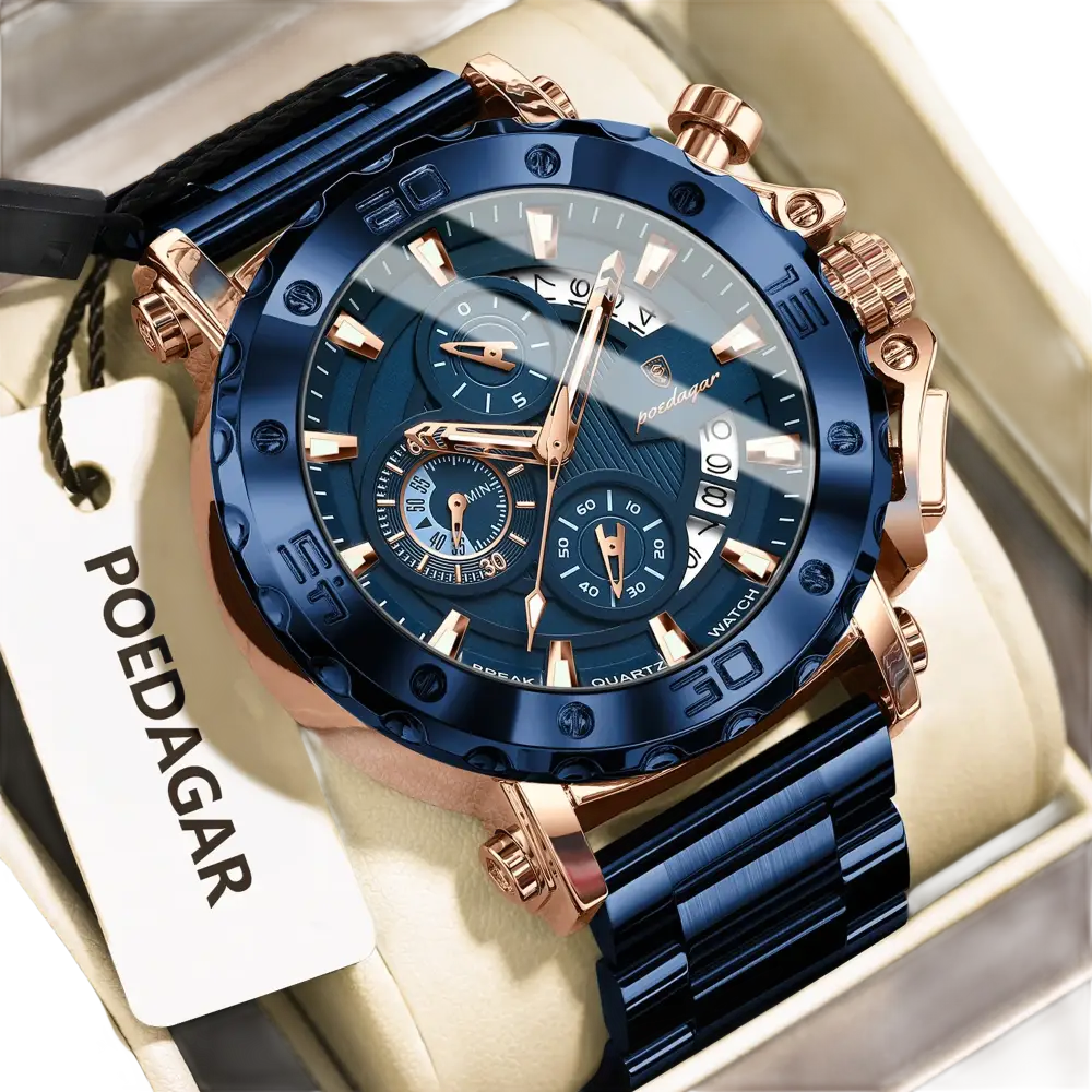 POEDAGAR luxe hommes montre-bracelet Date lumineux étanche Quartz homme horloge chronographe acier inoxydable mode
