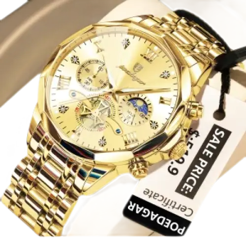 Luxueuse montre chronographe pour homme en or avec affichage des phases de lune.