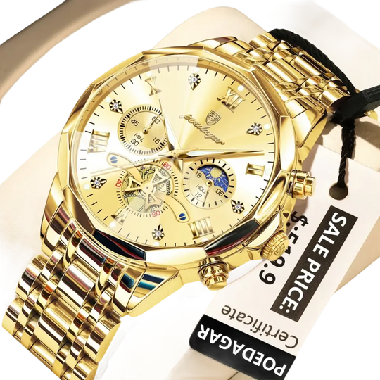 Montre chronographe pour homme, de couleur dorée, avec bracelet en métal.