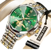 Montre pour homme en acier inoxydable avec un cadran vert, des accents dorés et un bracelet en métal bicolore.