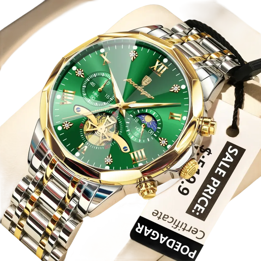 Montre verte et or pour homme, avec bracelet en métal bicolore.