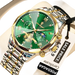 Montre verte et or pour homme, avec bracelet en métal bicolore.