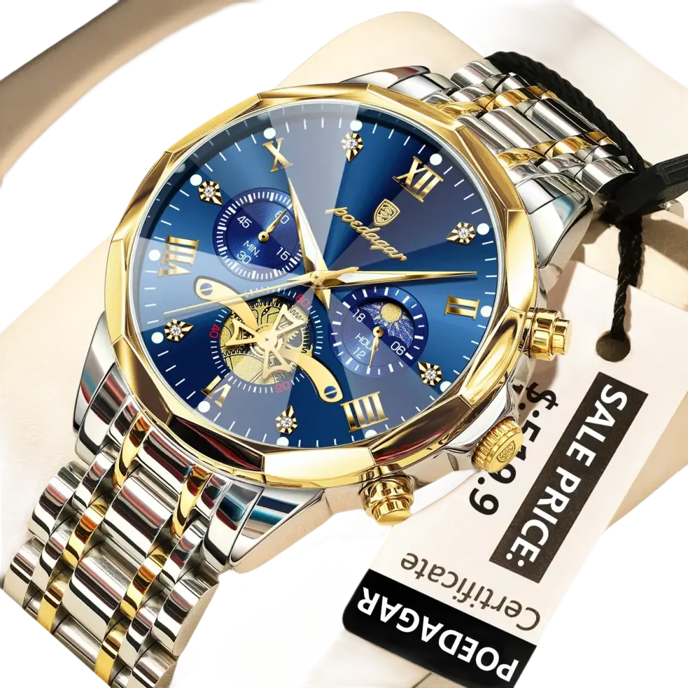 Montre chronographe en acier inoxydable doré et argenté avec cadran bleu.