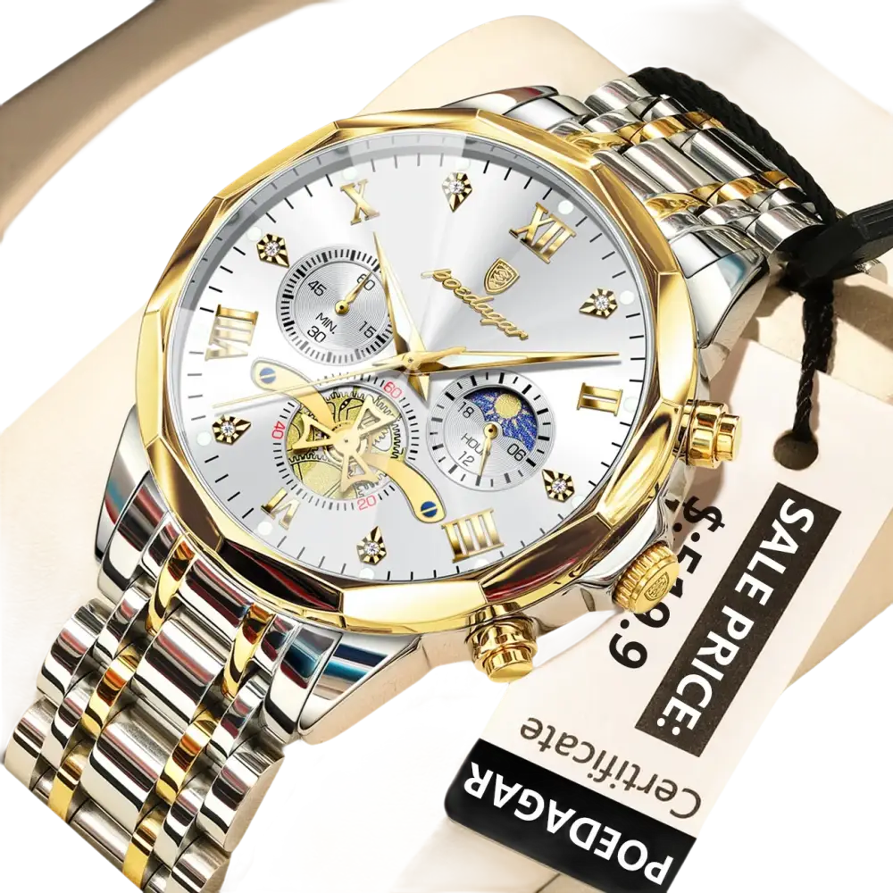 Montre chronographe en argent et or avec complication phase de lune et index en chiffres romains.