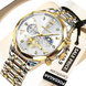 Montre chronographe en argent et or avec complication phase de lune et index en chiffres romains.