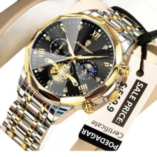Montre pour homme en acier inoxydable bicolore or et argent, avec cadran noir, chiffres romains et plusieurs cadrans secondaires.