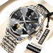 Montre pour homme en acier inoxydable de couleur argentée avec un cadran noir, des index en chiffres romains, des cadrans secondaires et un design en forme de cœur ouvert.