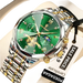Montre chronographe pour homme avec cadran vert et bracelet en métal argenté et doré.