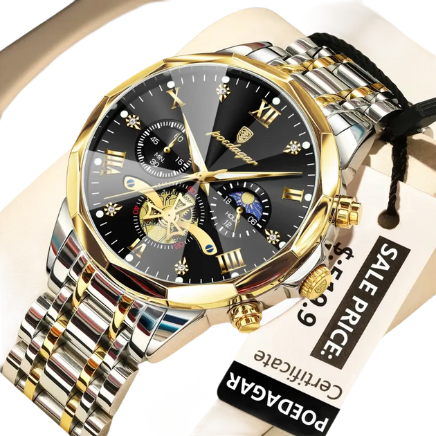 Montre pour homme en or et argent bicolore avec un cadran noir et de multiples cadrans secondaires.