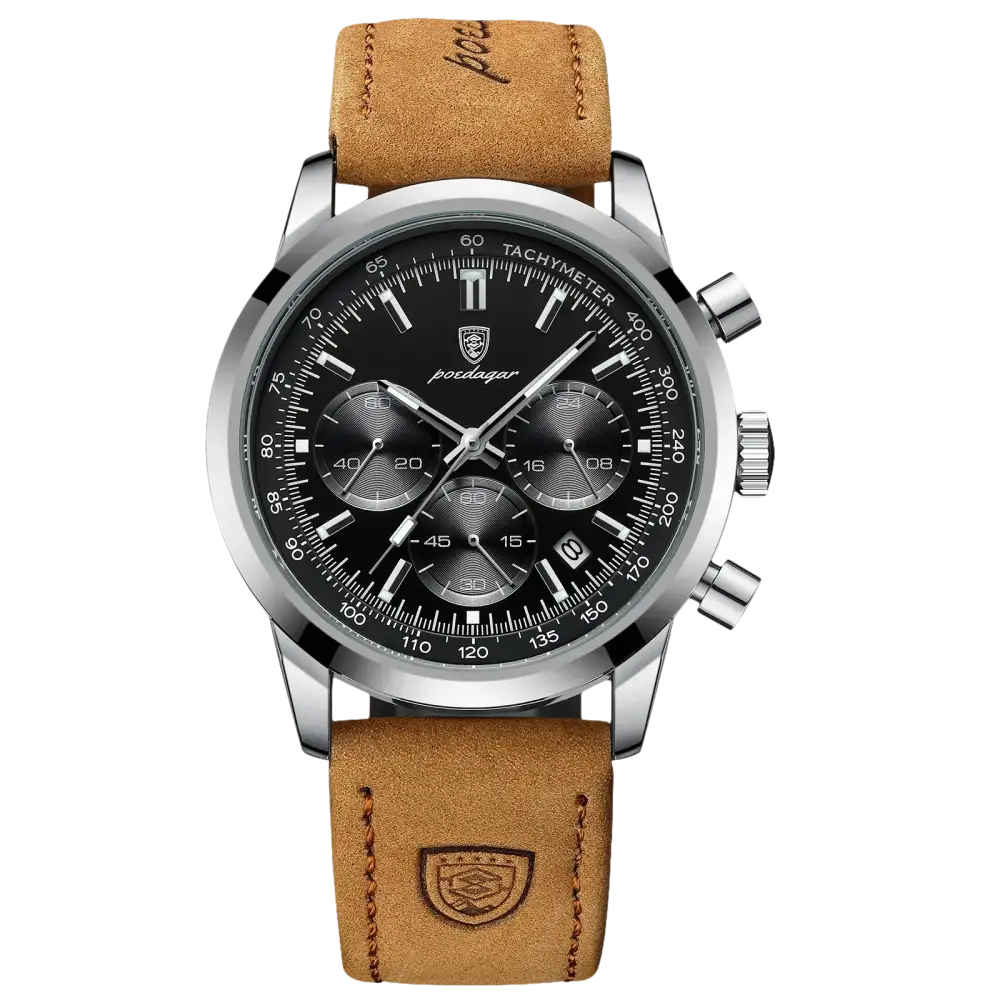 Montre chronographe pour homme avec cadran noir et bracelet en cuir fauve.