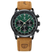 Montre chronographe pour homme à cadran vert et bracelet en cuir marron.
