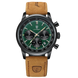 Montre chronographe pour homme à cadran vert et bracelet en cuir marron.