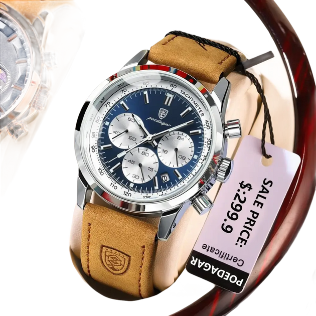 Une montre chronographe en acier inoxydable avec un cadran bleu, des sous-cadrans argentés et un bracelet en cuir beige.