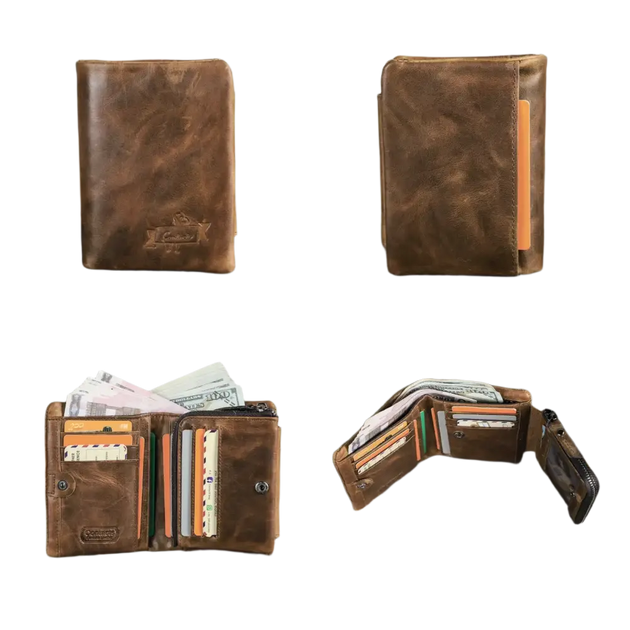 Portefeuille bifold en cuir marron avec plusieurs fentes pour cartes et une pochette pour la monnaie.