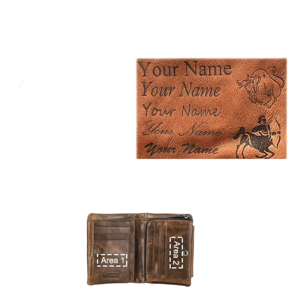 Portefeuille en cuir personnalisable avec différentes options de polices de caractères et de zones de gravure.