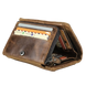 Portefeuille ouvert en cuir marron avec plusieurs fentes pour cartes et un compartiment zippé.