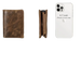 Portefeuille bi-fold en cuir marron aux dimensions comparatives.