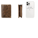 Portefeuille bi-fold en cuir marron aux dimensions comparatives.