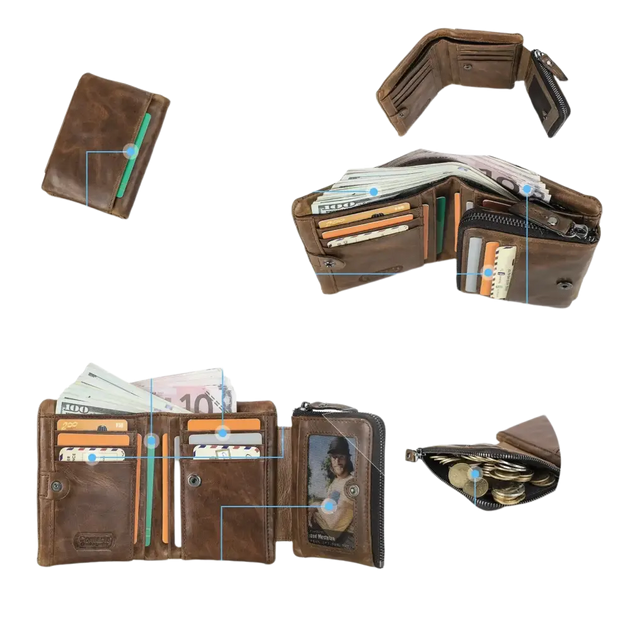 Portefeuille pour homme en cuir marron avec plusieurs fentes pour cartes, des poches pour billets, une poche arrière, une poche intérieure zippée, une fenêtre pour photo d’identité et une poche zippée pour pièces de monnaie.