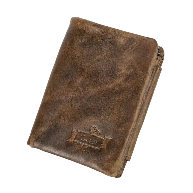 Portefeuille bifold en cuir marron avec une finition texturée.