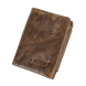 Portefeuille bifold en cuir marron avec une finition texturée.