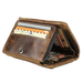 Portefeuille ouvert en cuir marron avec plusieurs fentes pour cartes et un compartiment zippé.