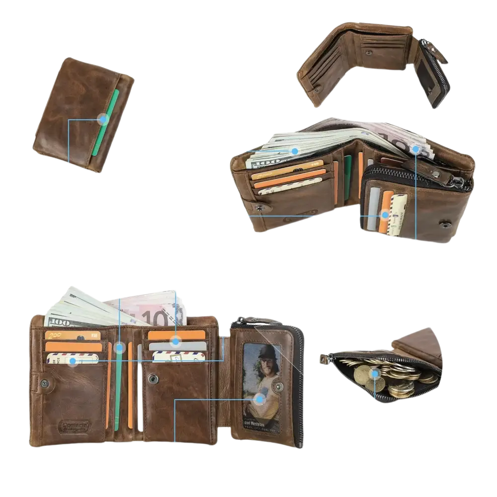 Portefeuille pour homme en cuir marron avec plusieurs fentes pour cartes, des poches pour billets, une poche arrière, une poche intérieure zippée, une fenêtre pour photo d’identité et une poche zippée pour pièces de monnaie.