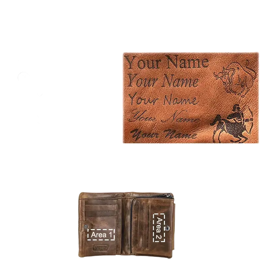 Portefeuille en cuir personnalisable avec différentes options de polices de caractères et de zones de gravure.