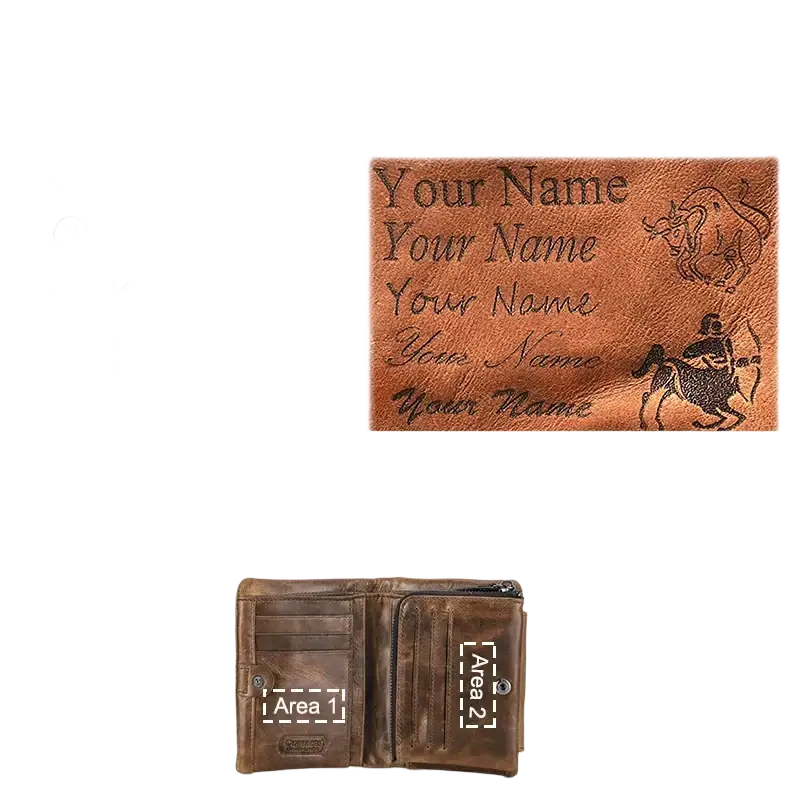 Portefeuille en cuir personnalisable avec différentes options de polices de caractères et de zones de gravure.