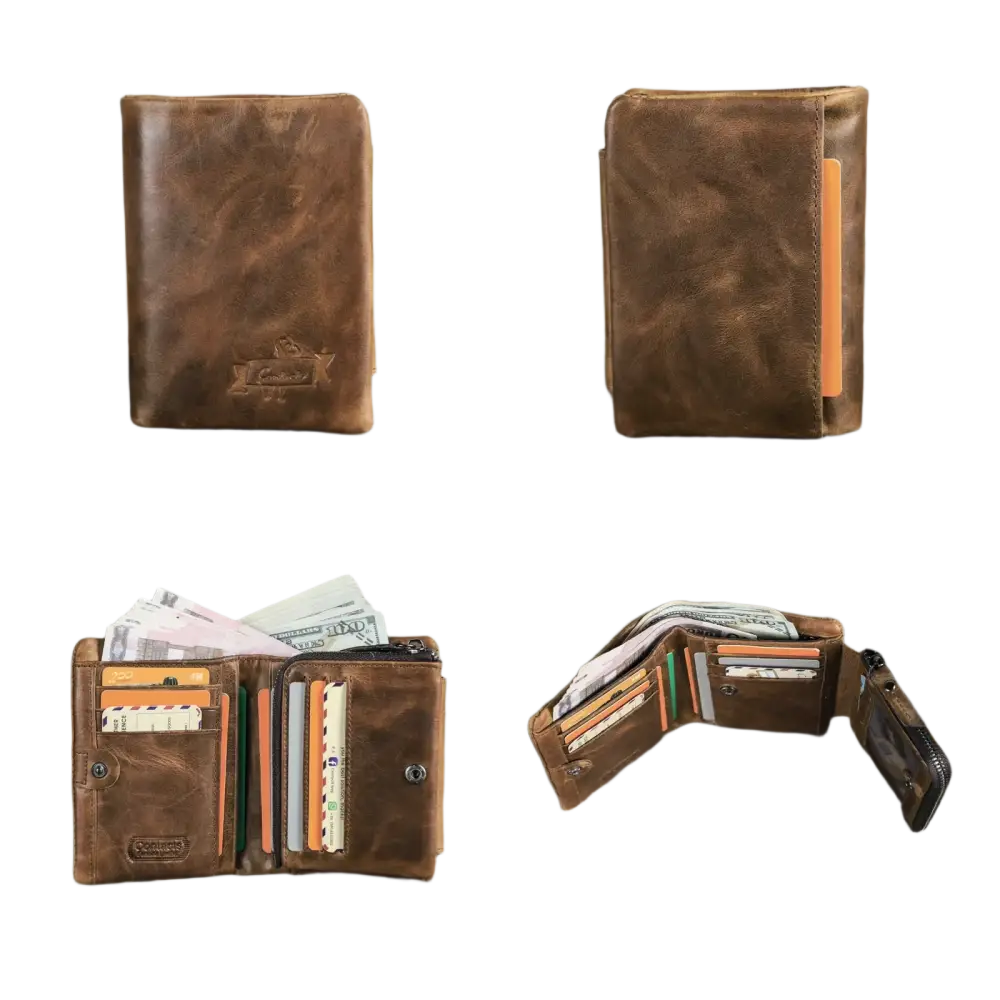 Portefeuille bifold en cuir marron avec plusieurs fentes pour cartes et une pochette pour la monnaie.