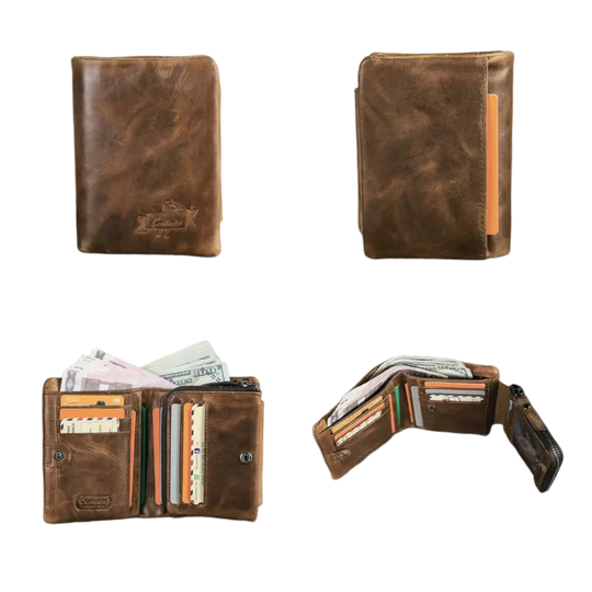 Portefeuille bifold en cuir marron avec plusieurs fentes pour cartes et une pochette pour la monnaie.