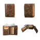 Portefeuille bifold en cuir marron avec plusieurs fentes pour cartes et une pochette pour la monnaie.
