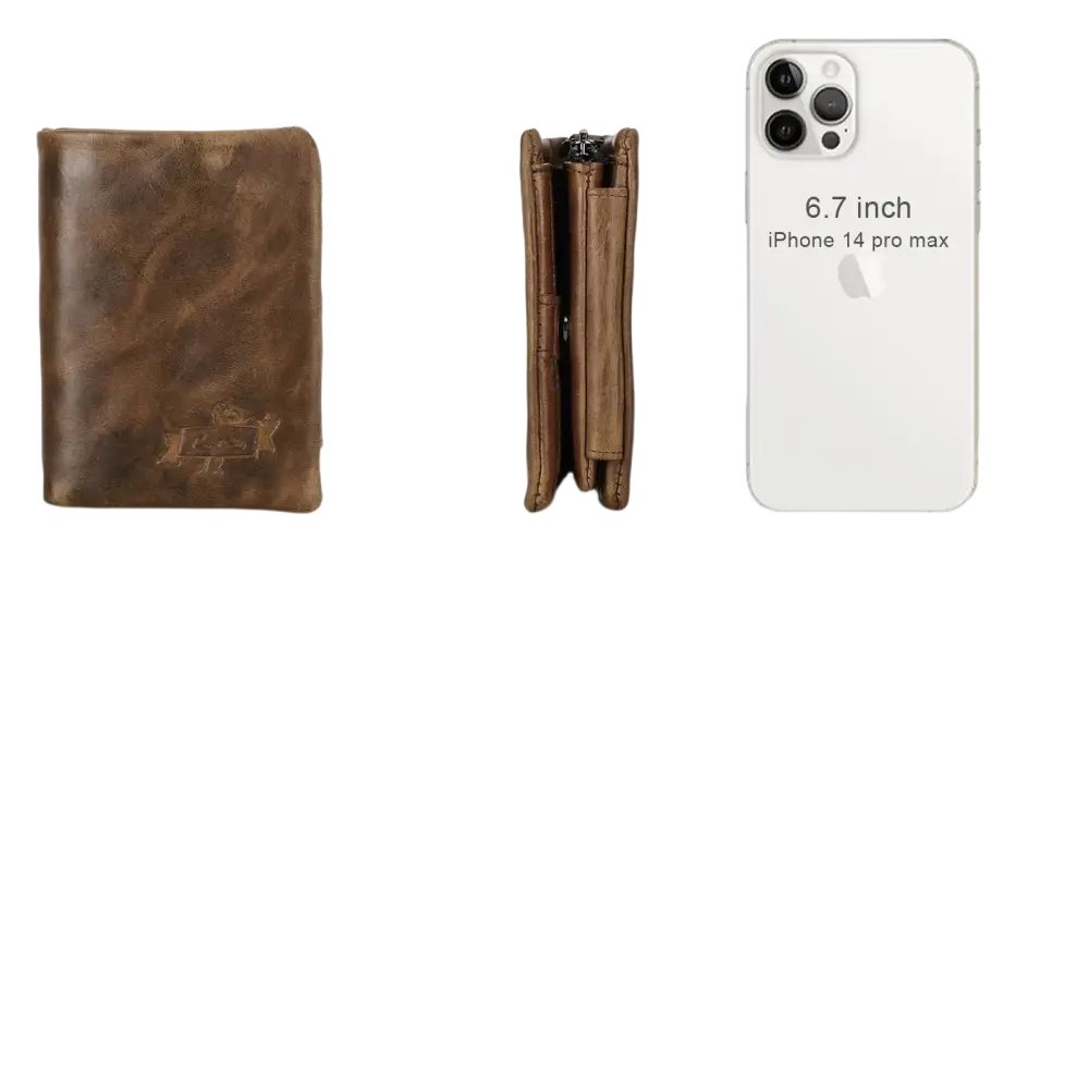 Portefeuille bi-fold en cuir marron aux dimensions comparatives.