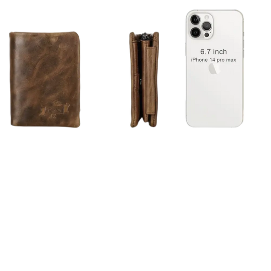 Portefeuille bi-fold en cuir marron aux dimensions comparatives.