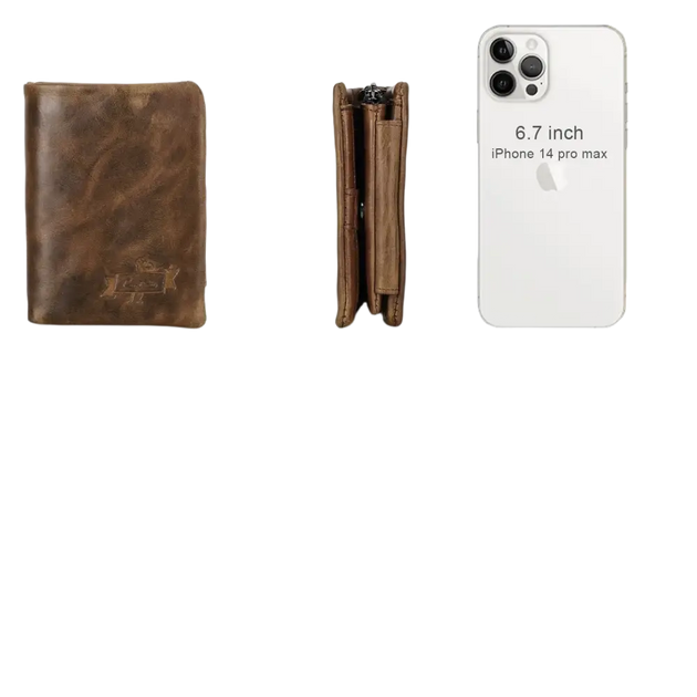 Portefeuille bi-fold en cuir marron aux dimensions comparatives.