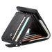Portefeuille bifold en cuir noir avec plusieurs fentes pour cartes, une pochette à monnaie zippée et une fermeture à bouton-pression.