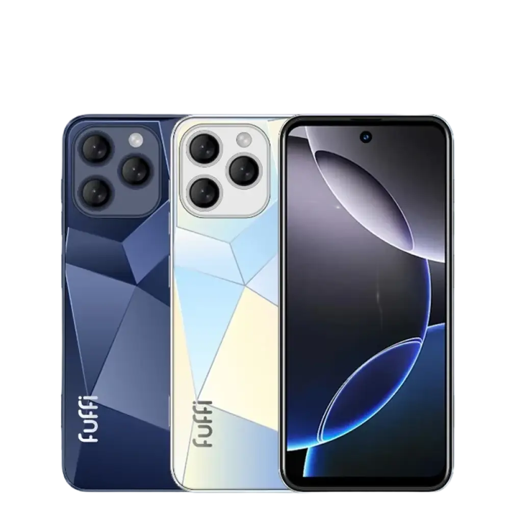 Deux smartphones, l’un bleu foncé et l’autre blanc, avec un triple appareil photo, et un troisième smartphone montrant son écran avant avec un appareil photo en pointillé.