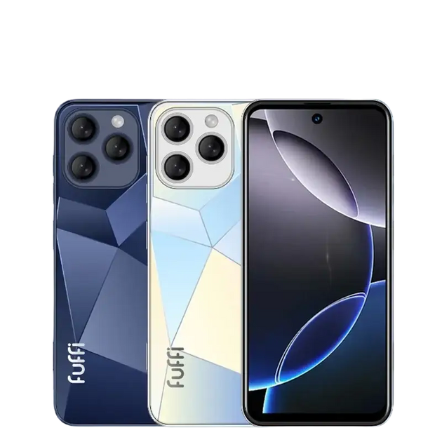 Deux smartphones, l’un bleu foncé et l’autre blanc, avec un triple appareil photo, et un troisième smartphone montrant son écran avant avec un appareil photo en pointillé.