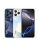 Deux smartphones, l’un bleu foncé et l’autre blanc, avec un triple appareil photo, et un troisième smartphone montrant son écran avant avec un appareil photo en pointillé.