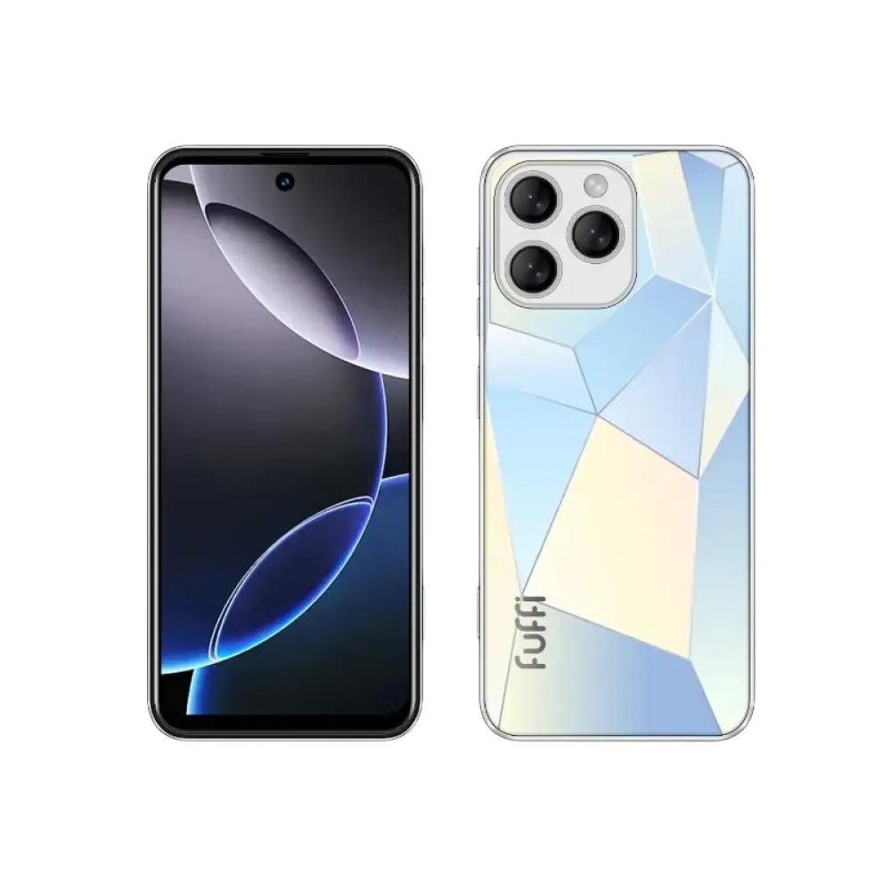 Un smartphone doté d’un écran intégral et d’un dos à motifs géométriques avec un triple système d’appareils photo.