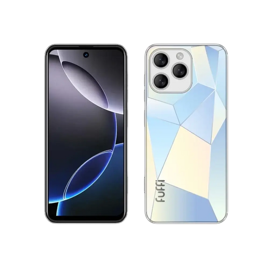 Un smartphone doté d’un écran intégral et d’un dos à motifs géométriques avec un triple système d’appareils photo.