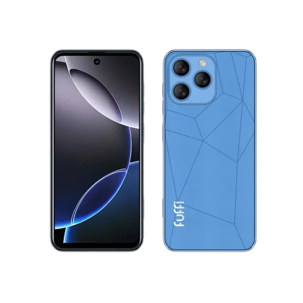 Un smartphone bleu doté d’un système d’appareil photo à trois lentilles et d’une caméra frontale à trou.