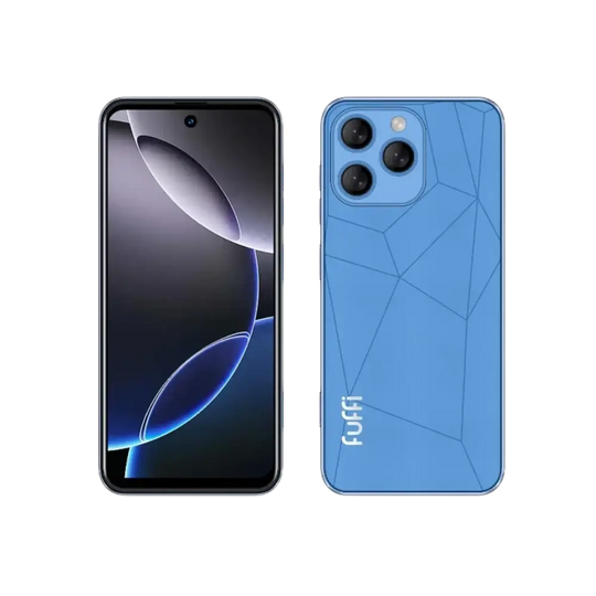 Un smartphone bleu doté d’un système d’appareil photo à trois lentilles et d’une caméra frontale à trou.