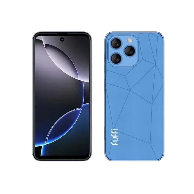 Un smartphone bleu doté d’un système d’appareil photo à trois lentilles et d’une caméra frontale à trou.