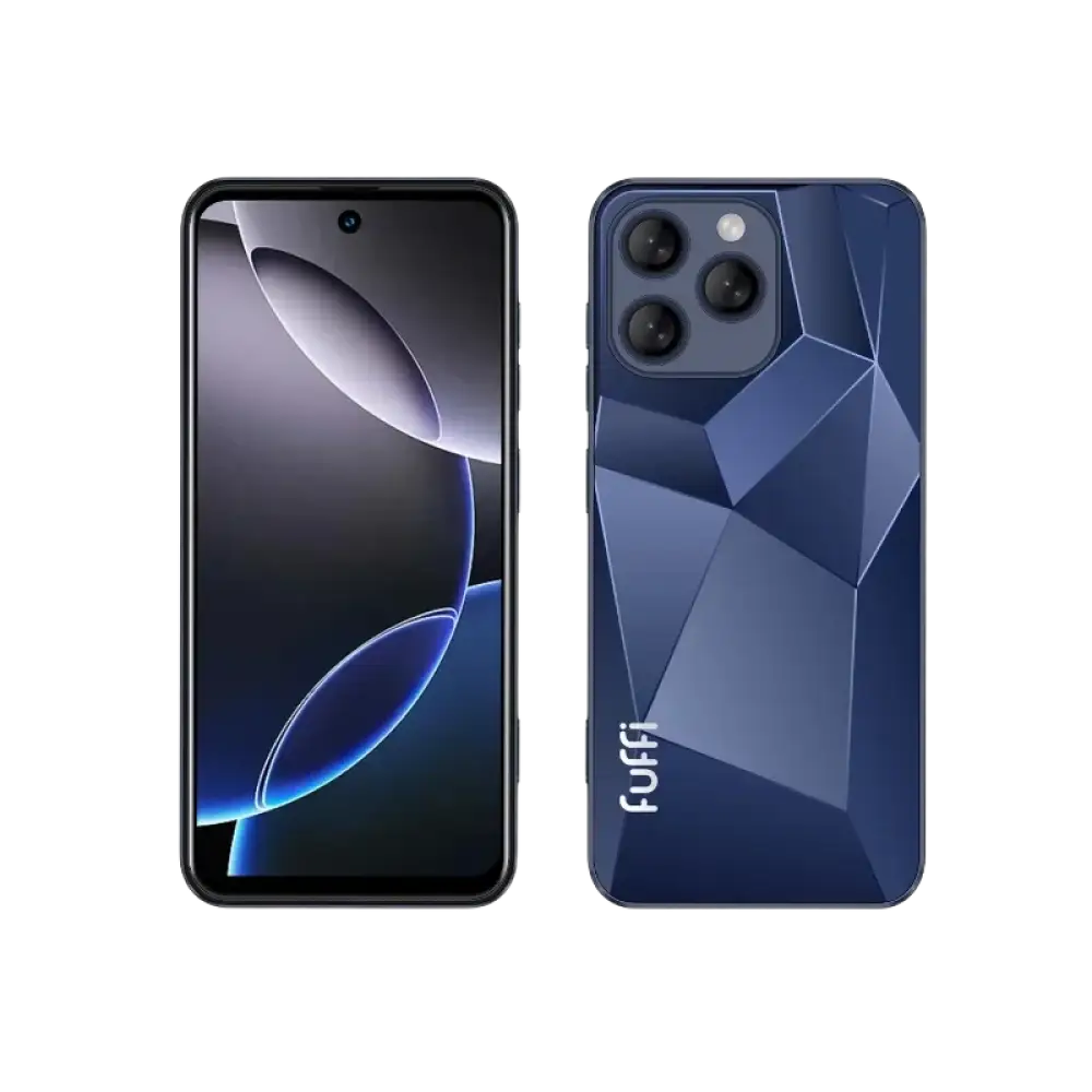 Un smartphone bleu avec un dos à motifs et plusieurs caméras.