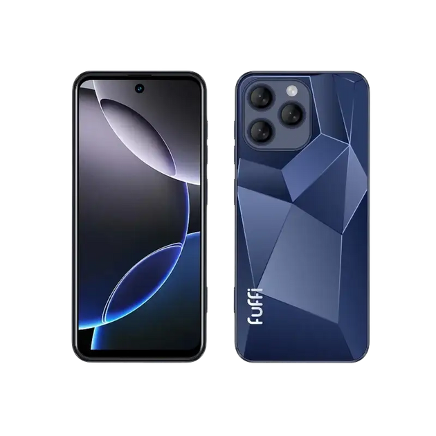 Un smartphone bleu avec un dos à motifs et plusieurs caméras.