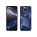 Un smartphone bleu avec un dos à motifs et plusieurs caméras.